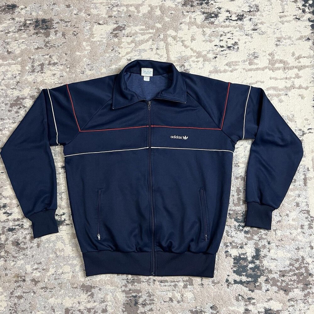 Vintage Adidas Jacket Sz Large Blue Zip Up Track Warm Up Pockets Trefoil 80s